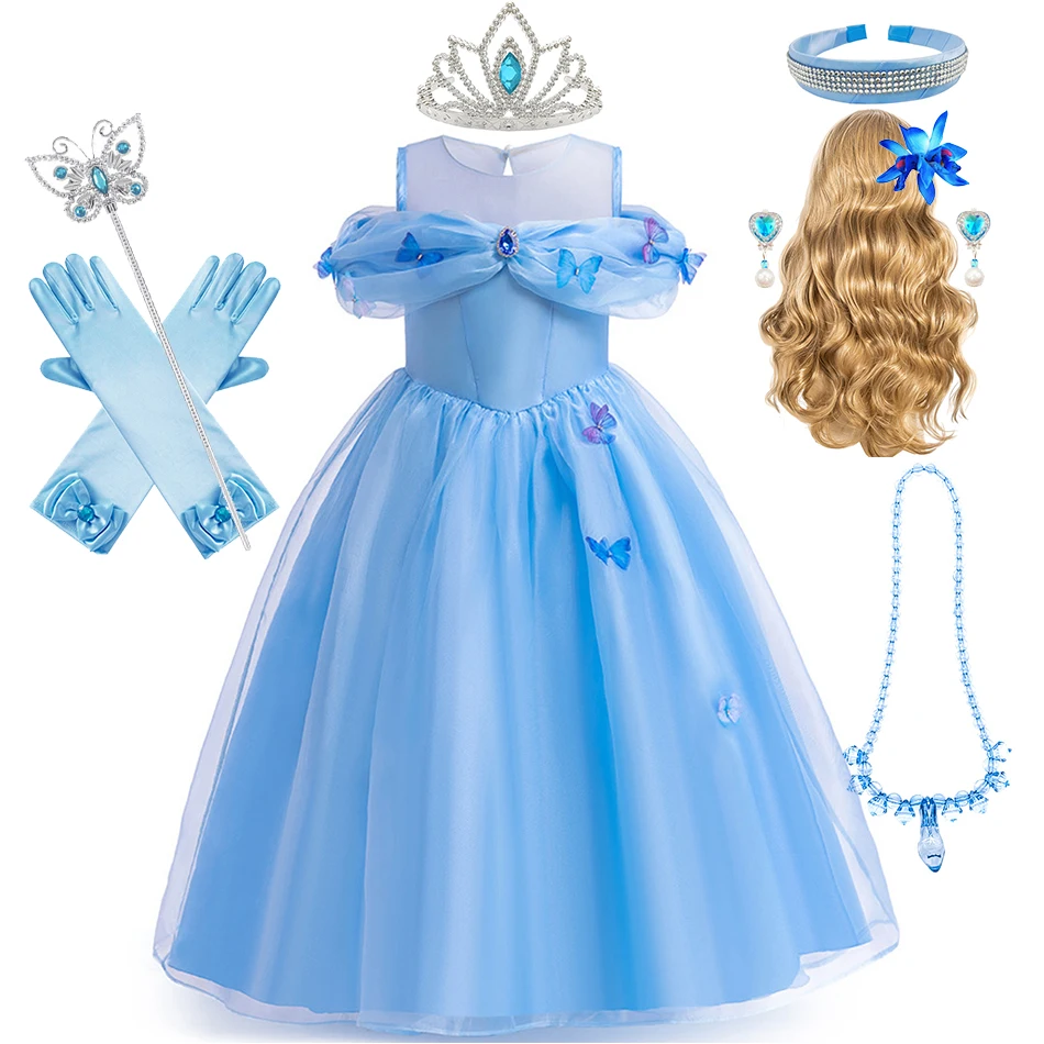 Butterfly Applique Cinderella Dress Girl Blue Princess Cosplay Costume 3-10 Yrs Kids Off Shoulder Floor Length Tulle Frocks