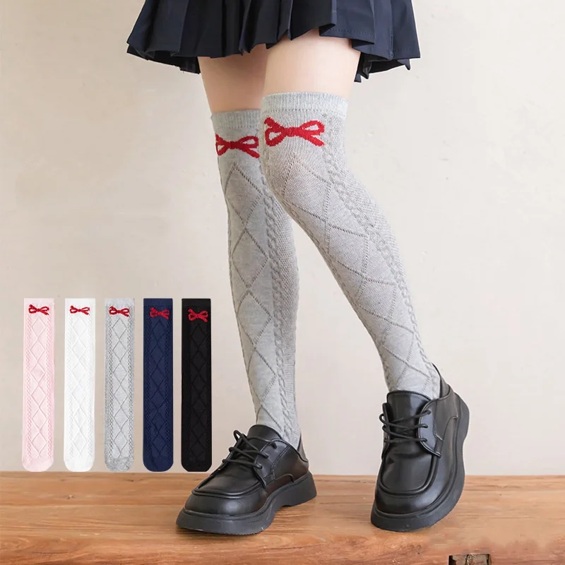 Spring Summer Children Long Socks Thin Knee-high Princess Socks For Girls Kids Sweet Red Bow Cotton Stockings Age for 3-8Years