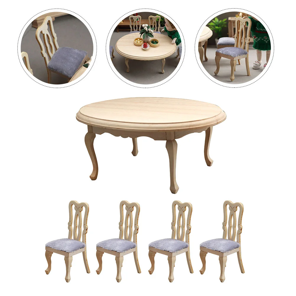 Small Table and Chairs Simulated Dining Child Kids Wooden Tiny Furniture Decors