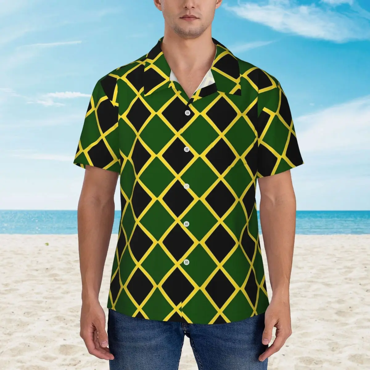 Jamaican Flag Casual Shirt Green And Yellow Classic Hawaiian Shirts Men Short-Sleeved Vacation Street Design Oversize Blouses