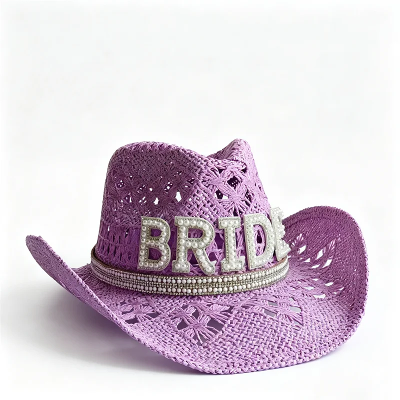 Bridal Cowboy Hat Light purple Malan Flower Style Minimalist Pearl Accessories With Letter Accents Summer Beach Hat Elegant