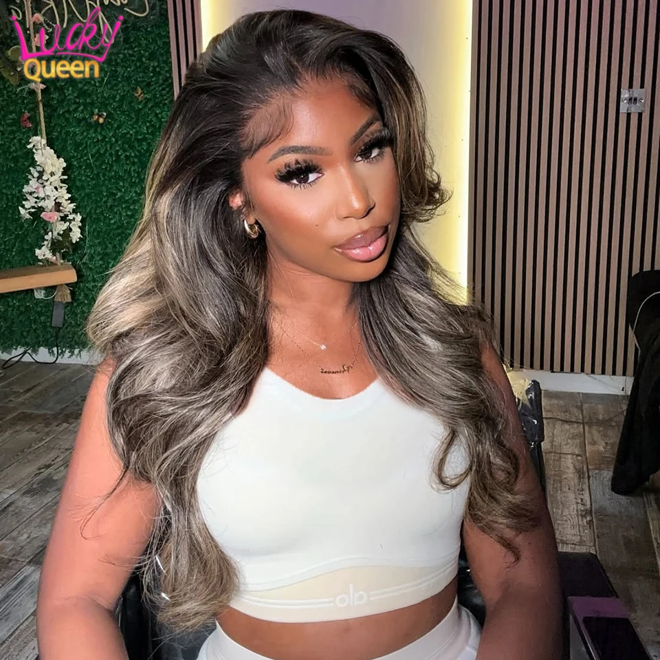 

Ash Blonde Highlights Color Human Hair Wigs 180 Density Transparent Lace Frontal Pre Plucked Body Wave For Women Brazilian Hair