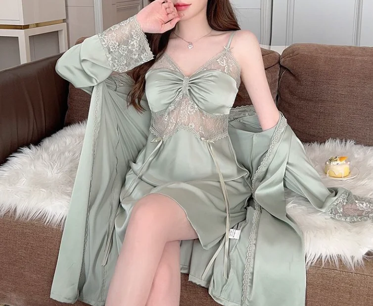 

Y2K Babydolls Pure Desire Wind Women's Ice Silk Strap Chest Mat Short Skirt Long Sleeve Robe Two Piece Set Sexy Lingerie Set