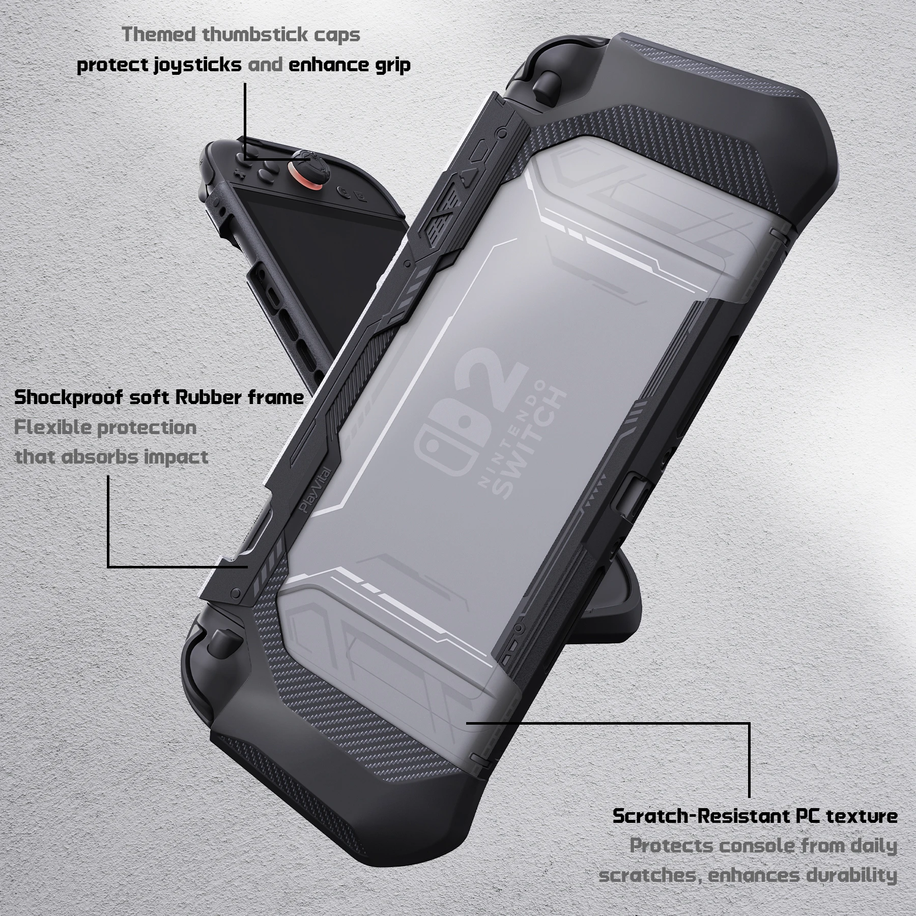 

PlayVital Protective Case for Nintendo Switch 2, Dockable Ergonomic Non-Slip TPU Grip Cover with Thumb Grips for Switch 2-Black