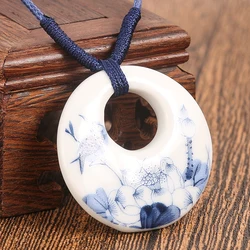 Chinese Blue and White Round Porcelain Ceramic Pendant Necklace for Women Butterfly Flower Lucky Charms Handmade Ethnic Jewelry