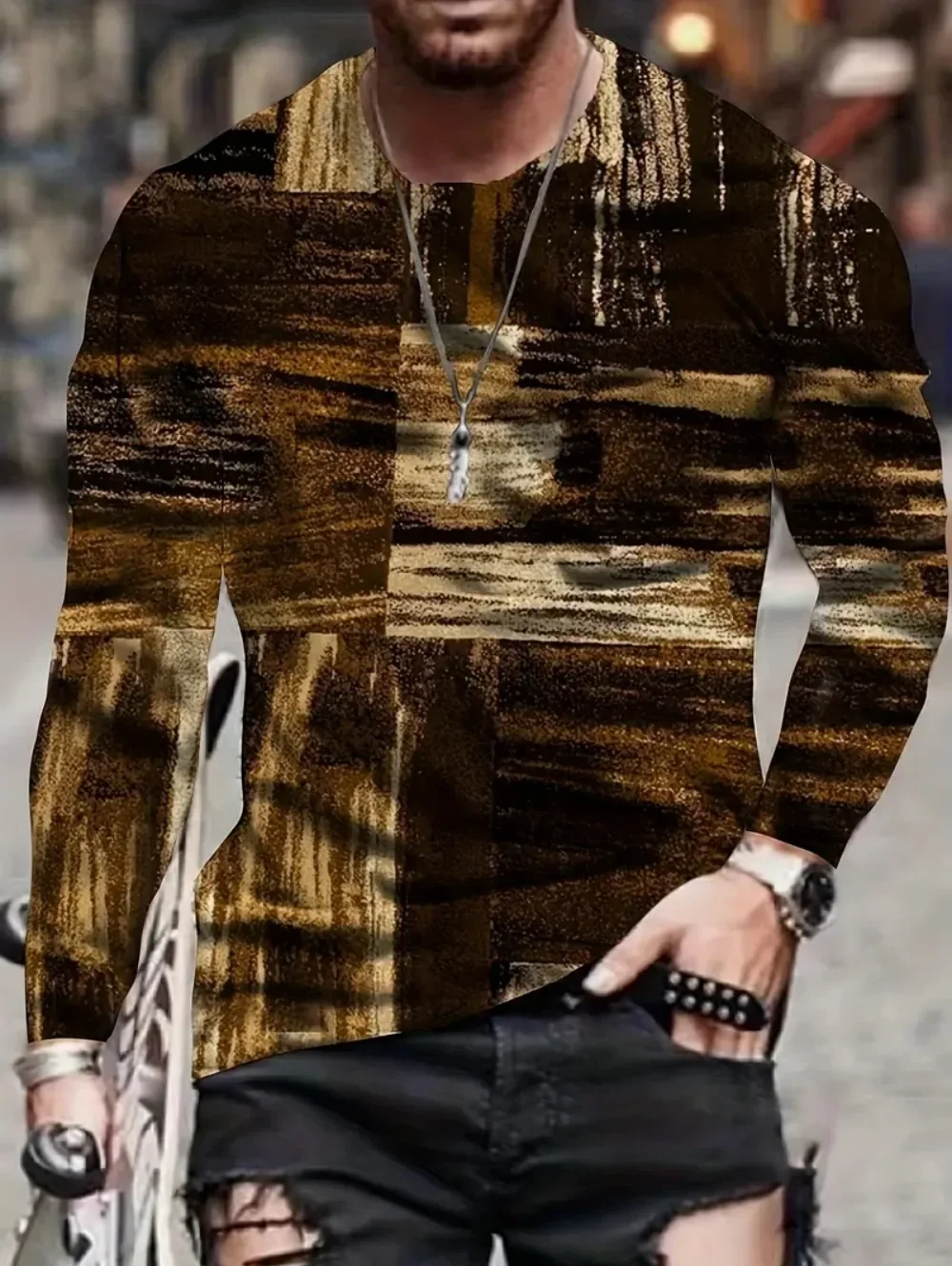 Herren Langarm-T-Shirt aus Polyester mit 3D-Druck, Vintage-Bürstertextur, geometrischem Grafikmuster, Rundhalsausschnitt, lässige Streetwear-Oberteile – Detail 2