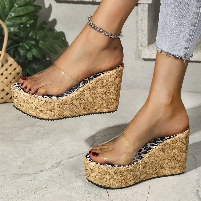 PVC Transparent Platform Wedges Slippers Summer Peep Toe Shoes Woman Sexy Super High Mules Pumps Sandal