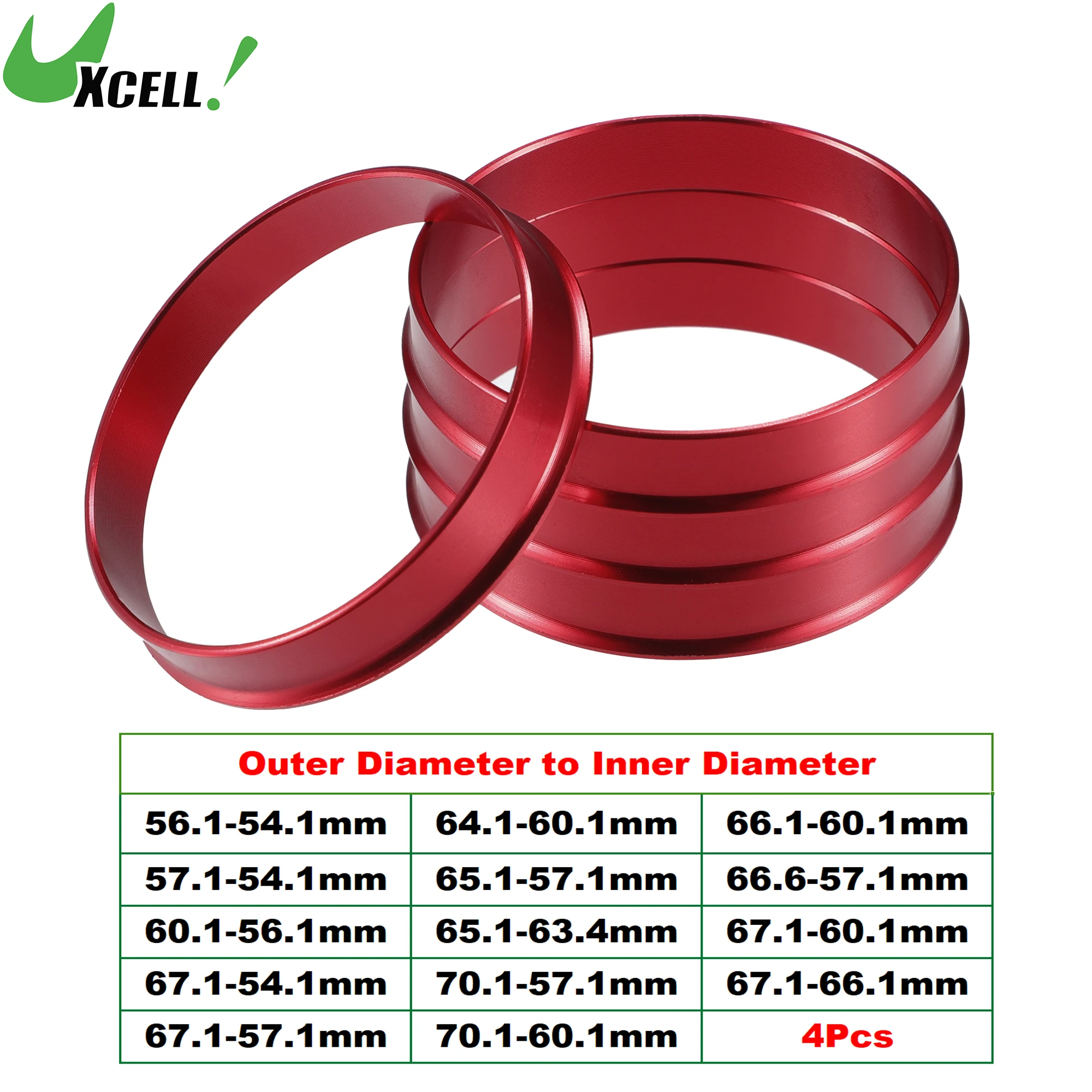 UXCELL 4pcs OD 56.1mm 60.1mm 66.6mm 70.1mm to ID 54.1mm 63.4mm Car Tire Centering Hub Centric Rings Wheel Bore Center Red