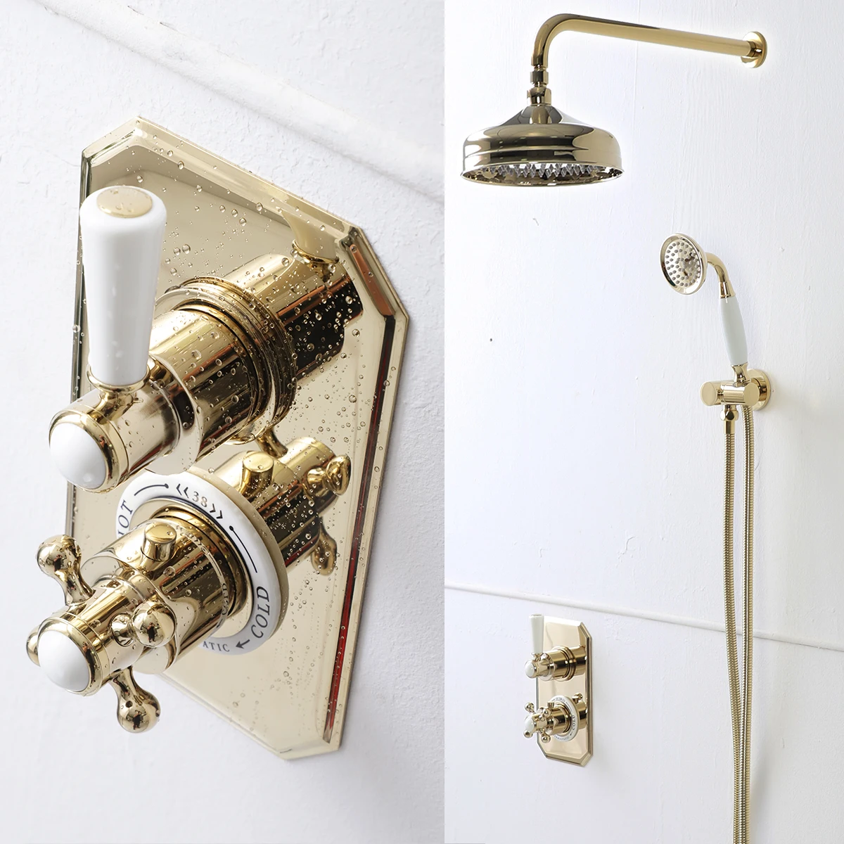 

Thermostatic hidden shower set, faucet, full copper zirconium, gold ceramic handle, concealed shower