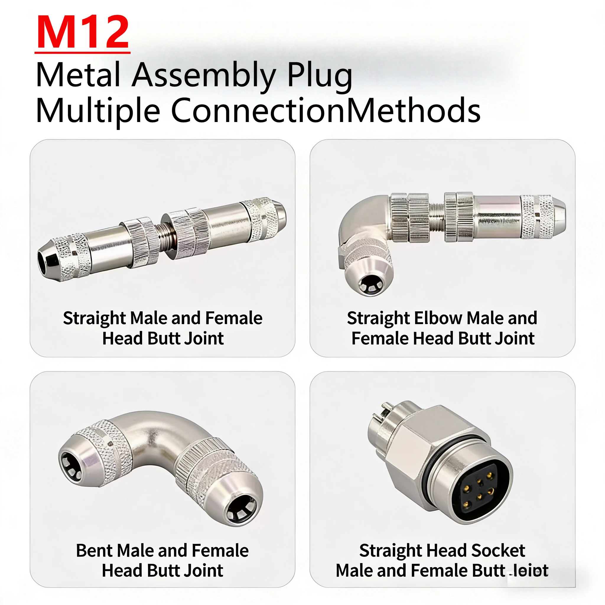 Plug A/B Type D Code 2 3 4 5 6 8 Pin M12 Joint Adatepr Metal Assembly Male Female Connector Crimped Straight/Elbow PG7 PG9 Cable