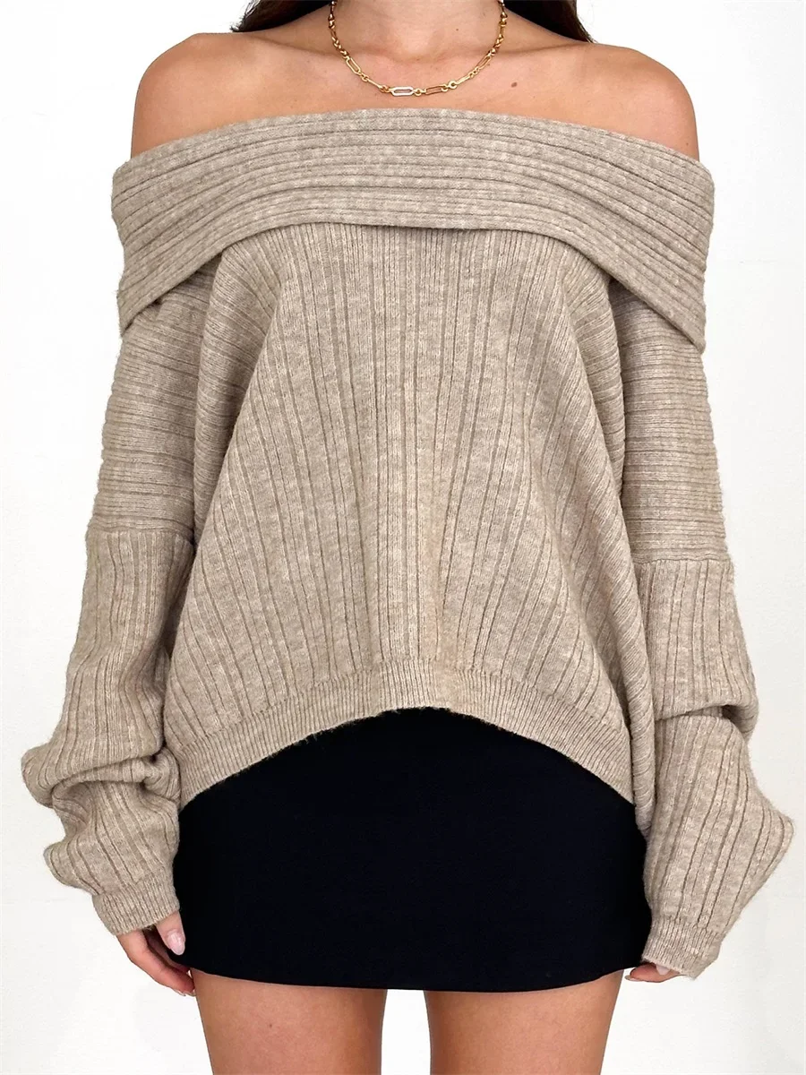 Women's Off Shoulder Sweaters Long Sleeve Solid Color Pullovers Ribbed Knit Tops