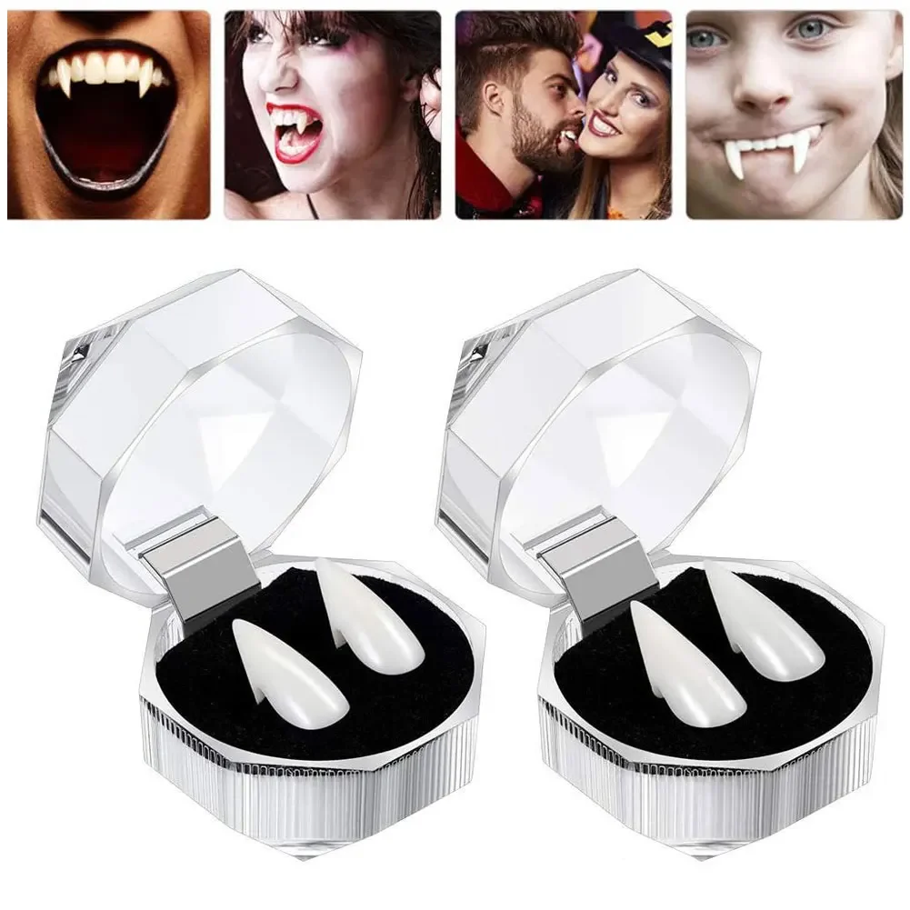 1 زوج هالوين مصاص دماء الأسنان الأنياب أطقم الأسنان الدعامة زي حفلة DIY بها بنفسك تأثيري الدعائم ديكور كاذبة الأسنان الراتنج الأنياب مع الغراء الصلب