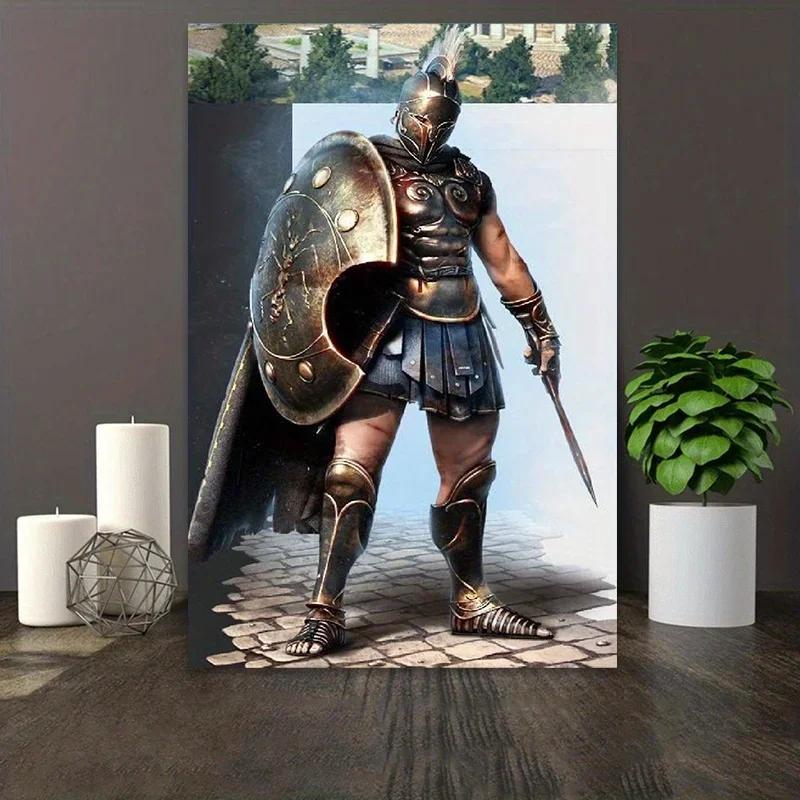 Roman Soldier Wall Art Poster 12x18 – Greek Warrior Shield & Spear Battle Canvas, Frameless Ancient History Decor for Man Cave