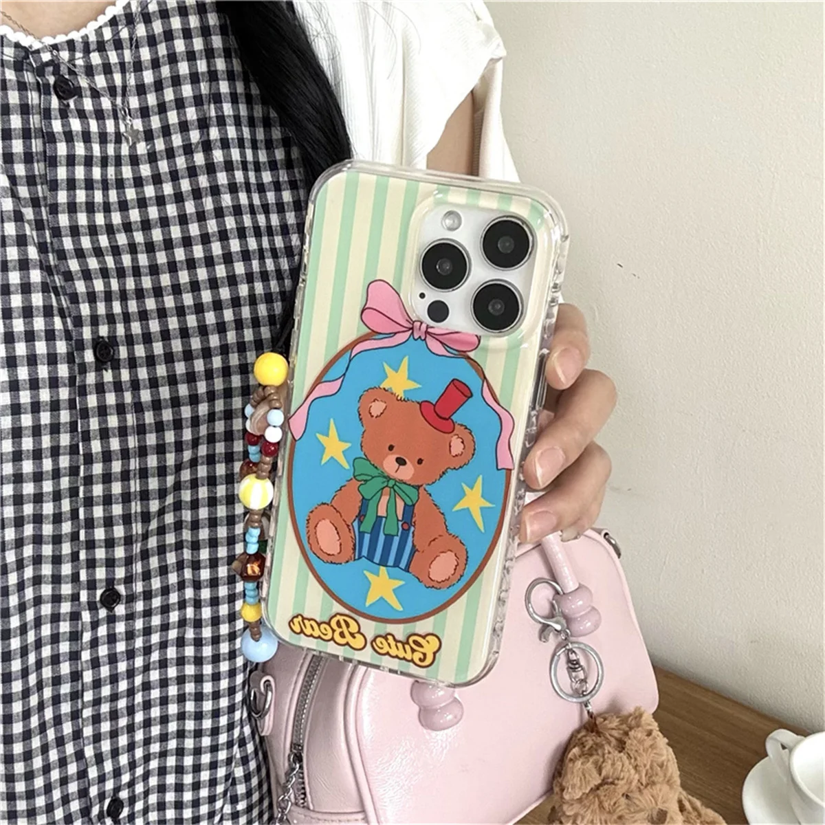 

Kawaii Cartoon Bear Phone Case For iPhone 16 Pro 13 14 15 Pro Max Cover with Chain Cute Love Frame Shockproof Cases Funda