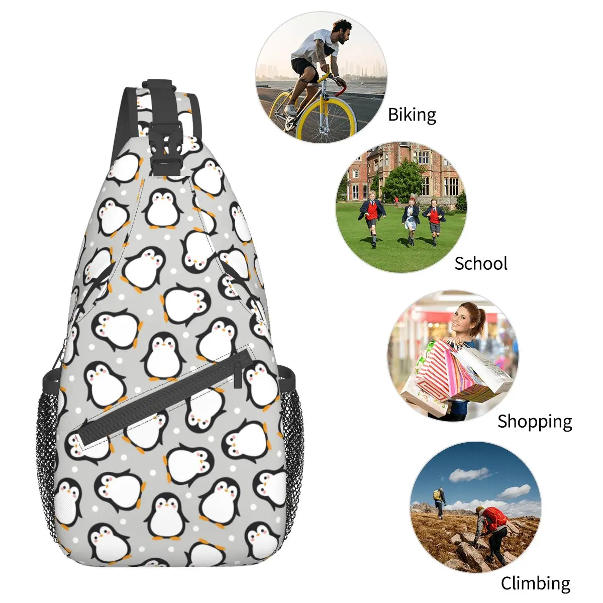 Cute Penguin Sling Bags Chest Crossbody Shoulder Backpack Outdoor Hiking Daypacks Cartoon Animal Casual Bags