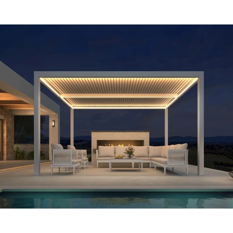 ANYHOO Bioclimatic Pergola LED Aluminum Frame Louver Blades-6000K Color Temperature Manual/Morterized Control Powder Coated