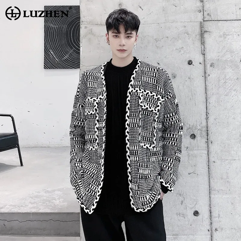 

LUZHEN осенний новый клетчатый текстурированный красивый вязаный кардиган мужской модный элегантный повседневный свитер с карманами украшает одежду JY4400