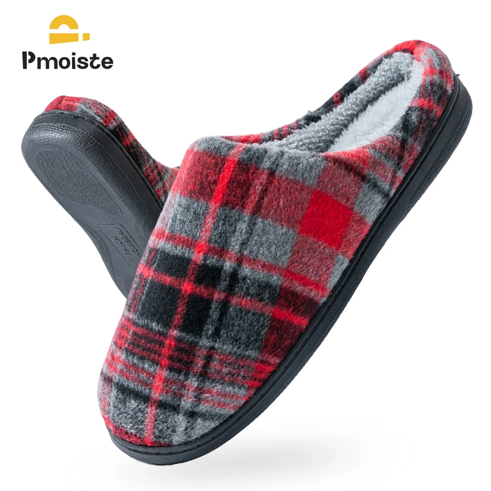 

Pmoiste Men Soft Felt Plaid House Slippers Comfortable Warm Memory Foam Cushion Designer Living Room Shoes Slip-on Winter Indoor