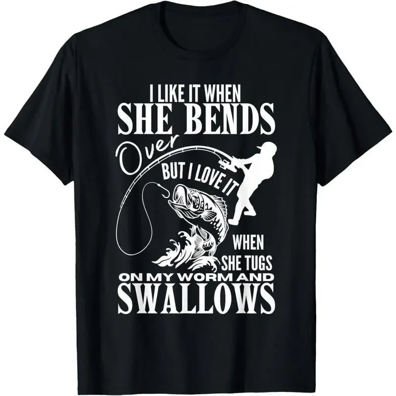 Men's Cotton Short-Sleeve Round Neck Tshirt - Funny Fishing Dad Top for Father's Day (I Like It When She Bends Over Design), All Seasons Casual Sports Top, Menswear Streetwear Tropical