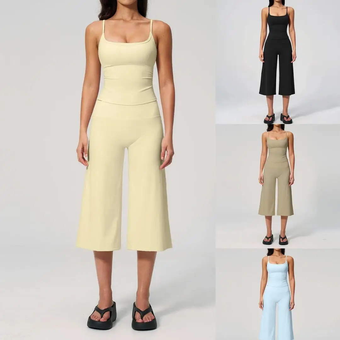 A Women 2Piece Yoga Set Halter Neck Bra High Waisted Wide Leg Capri Pants Multi Color Soft Stretchy For Gym Yoga Daily Wear