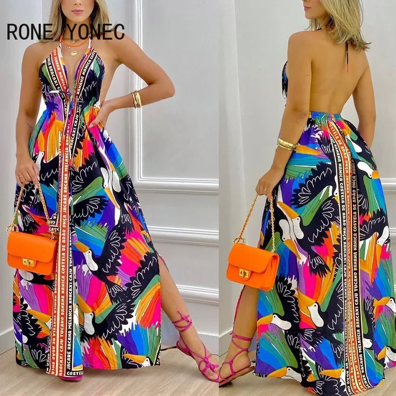 Kobiety eleganckie Halter zasznurować wydruk całościowy głębokie V Neck Backless Silt Sexy Maxi letnie sukienki na wakacje