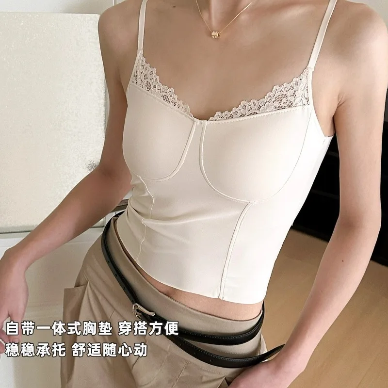 Women Sleeveless Crop Tops Solid Lace Sexy Slim with Chest Pad Tee Adjustable Spaghetti Strap Skin-Friendly Comfortable Camisole