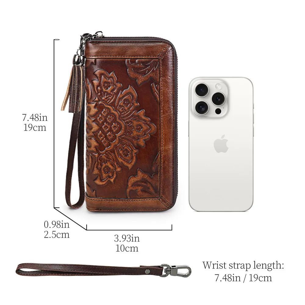 Women's Leather Wallet Large Capacity Genuine Cowhide Card Holder Phone Clutch Purse with Detachable Hand Strap 2025 New Retro