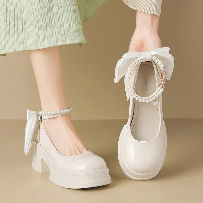 

2026 New French Style Mary Jane Shoes for Women Pearl Bow Thick Sole Platform Pumps Casual Dress Shoes Beige