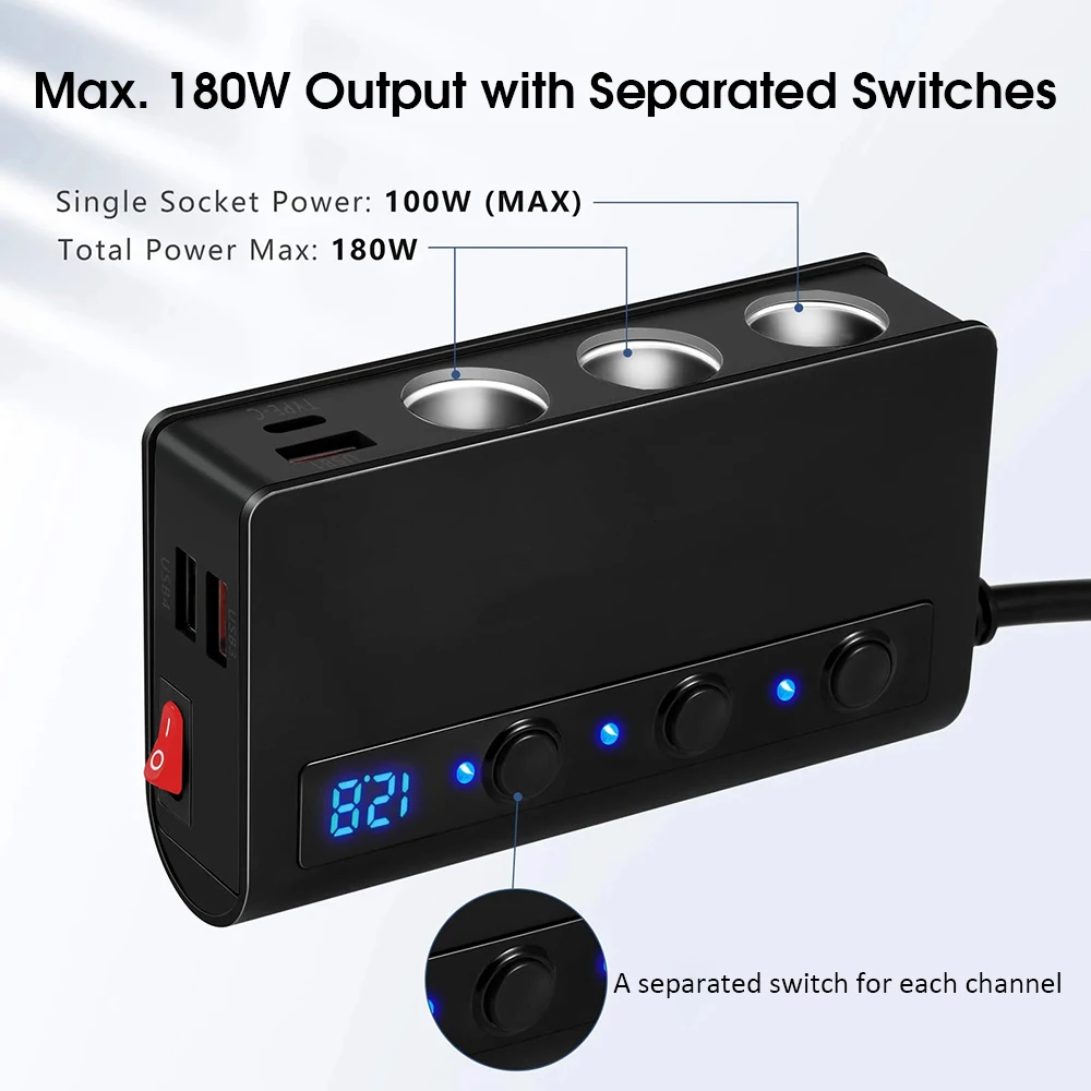 Enchufe USB para coche de 12V, enchufe para encendedor de cigarrillos de 180W, enchufe para cigarros automotriz, cargador de teléfono móvil tipo C para accesorios de coche