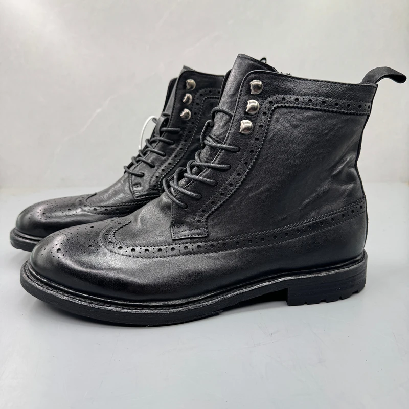 

Retro Waed Cowhide Men's Boots Emed Work Boots Goring Leather Sole ort Tubed Zipper Closure Winter Wear