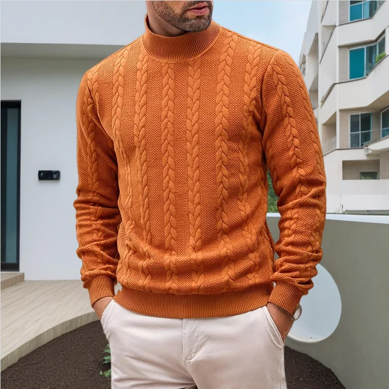 เสื้อสเวตเตอร์ผู้ชายสไตล์ใหม่ประจำฤดูใบไม้ร่วง-ฤดูหนาว ปี 2025 สีพื้นเรียบง่าย สไตล์ลำลอง คอเต่า ลายแจ็คการ์ด แฟชั่นย้อนยุค อุ่นสบาย