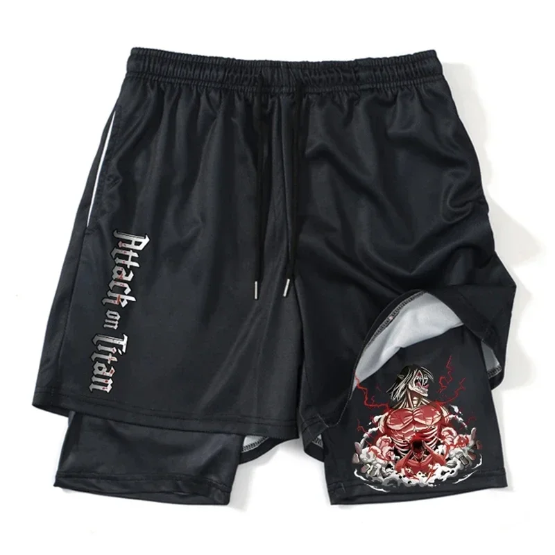 Anime Attack on Titan Pantaloncini da allenamento per palestra 2 in 1 da uomo Pantaloncini a compressione atletica elasticizzata ad asciugatura rapida Fitness Corsa da jogging