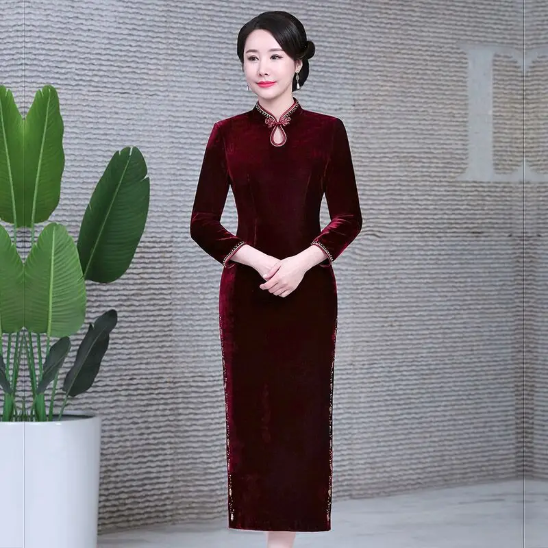 

Velvet Long Sve Long Qipao Dr Mommy Faion ow Ready-to-Wear Autumn Winter Ele Chinese Sle Women's Dr