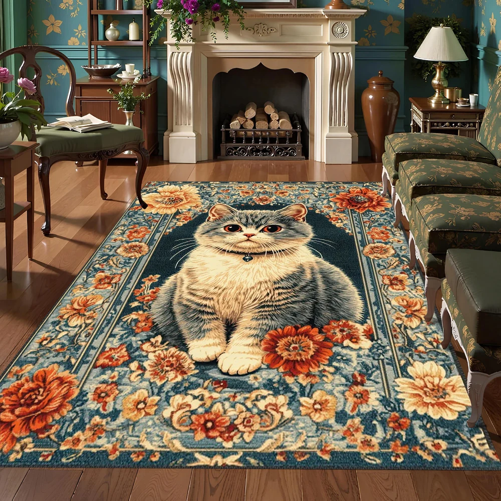 Vintage Floral Cat Printed Carpet Bohemian Style Border Door Mat Living Room Bedroom Decoration Rug