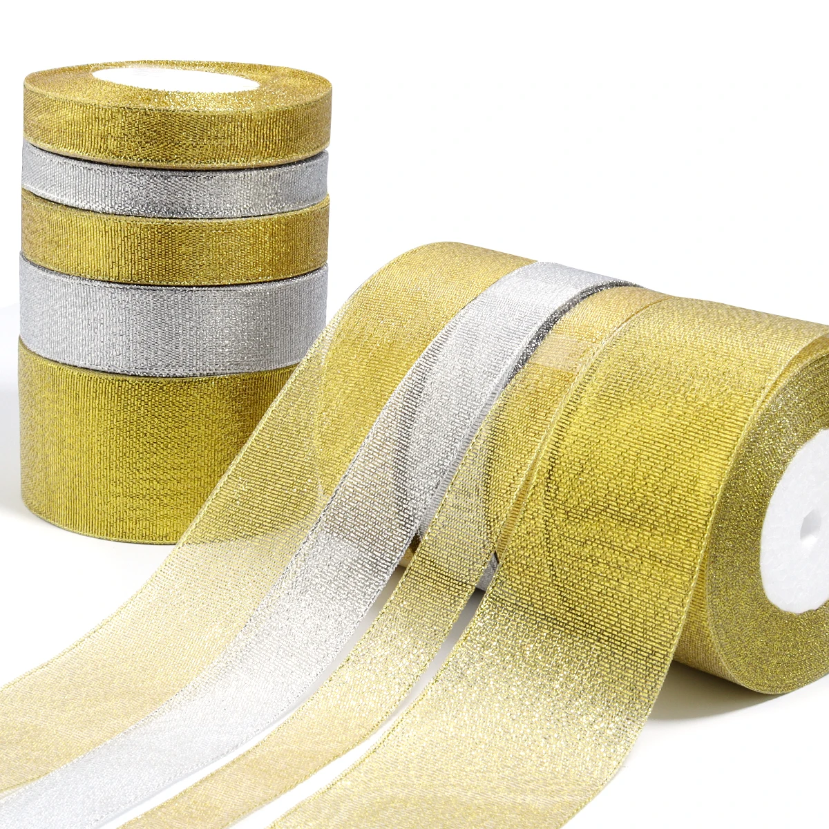 25 Yards/Rolle 6/10/12/15/20/25/40/50 mm Gold Silber Glitzerband Hochzeitstorte Geschenk Dekoration Bastelbedarf Organza DIY Band