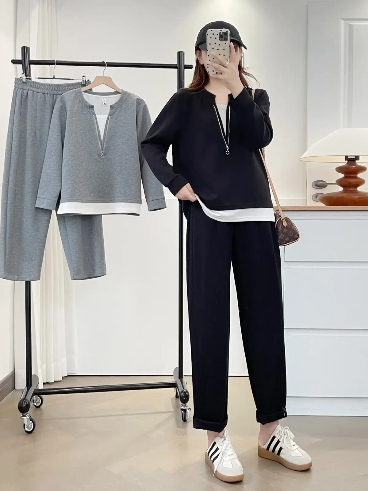 

plus Size Women's Fashion Slimming Spring Autumn Long Sleeve Wide Leg Pants Set Two Piece Suit Casual Sporty Style T-Shirt