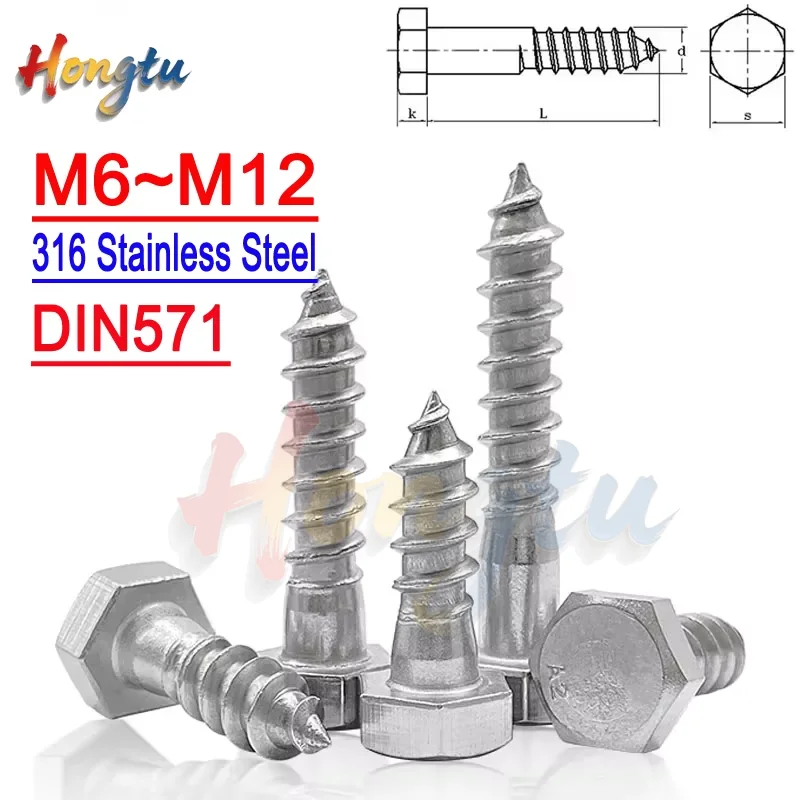 DIN571 Standard 316 SS External Hex Head Wood Screws M6 M8 M10 M12 Large Long Size Self-Tapping Lag Screws 1/2PCS
