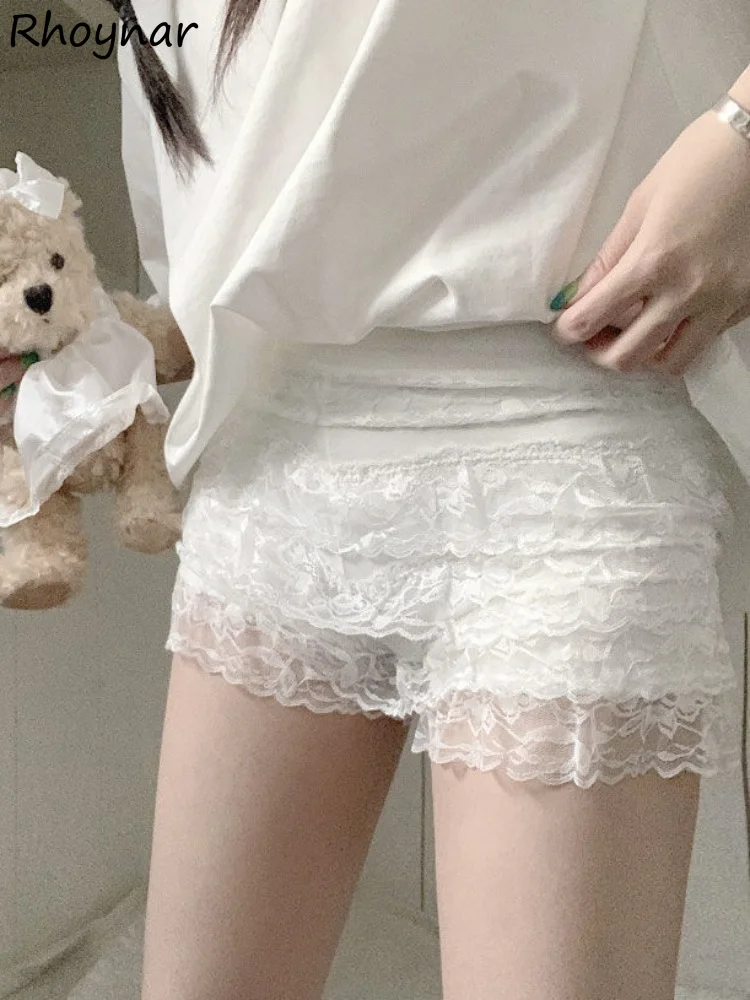 Lace Shorts Women Thin Summer Elastic Delicate Sweet Chic Vintage Sexy Tiered Gentle Princess Aesthetic Girlish Breathable Daily