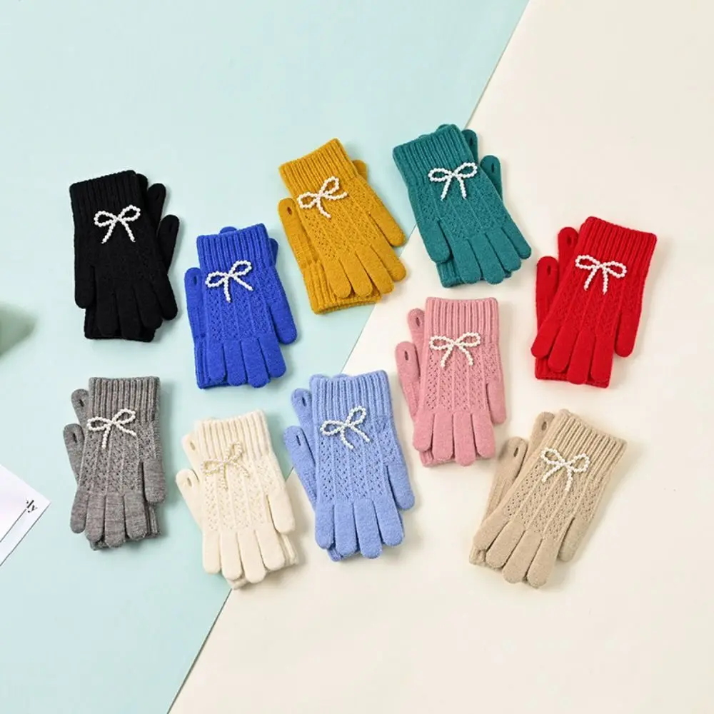 New Kawaii Pearl Bow Knitted Gloves Candy Colored Fashion Warm Fullfinger Gloves Autumn Winter Cycling Accessories Women Mittens