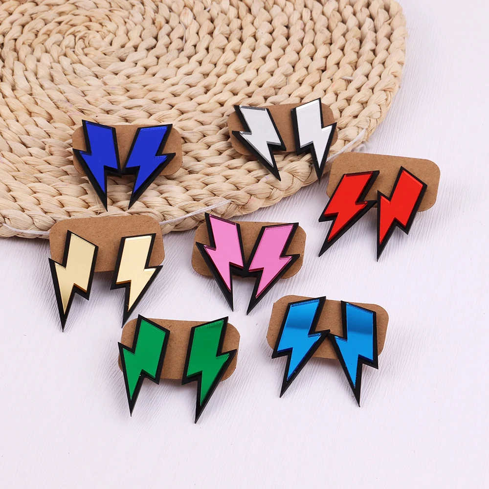 HipHop Gold Color Mirrored Lightning Stud Earrings for Women Trendy Colorful Acrylic Flash Lightning Earrings Party Jewelry Gift