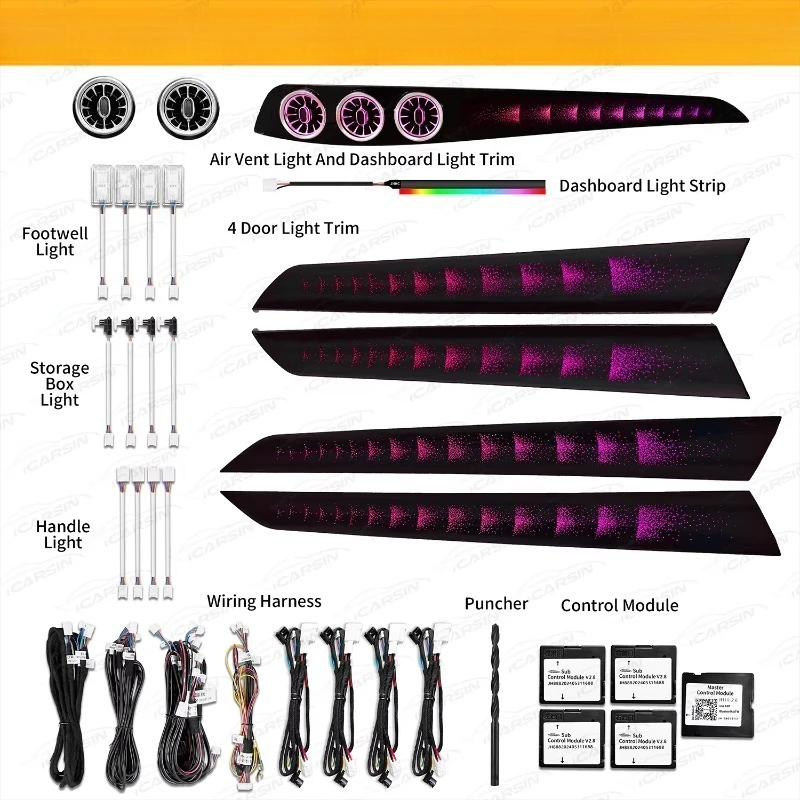 W204 Full Set Interior LED Atmosphere Lamp, 64 Color Air Vent Ambient Light Kit Fit 2010-2014 Sedan Car Interior Refit Decor Par