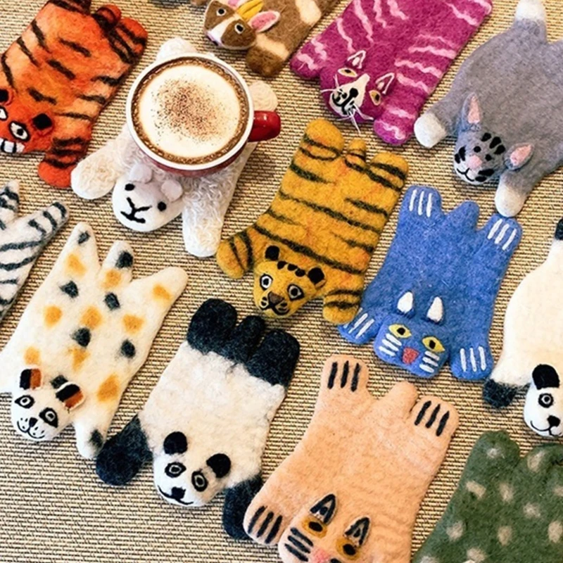 Funny Animal Decor Coffee Table Decorations Drink Cup Holder Funny Cartoon Cat Wool Felt Dinging Table Cup Pad