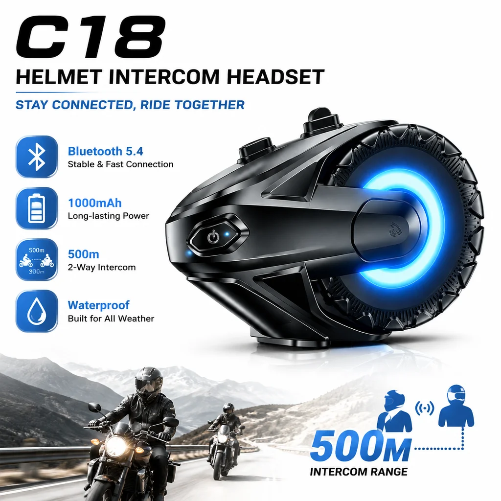 1/2PCS C18 Motorcycle Helmet Intercom Headset 500M Intercom For 2 Rider Intercomunicador Waterproof Music Player Interphone