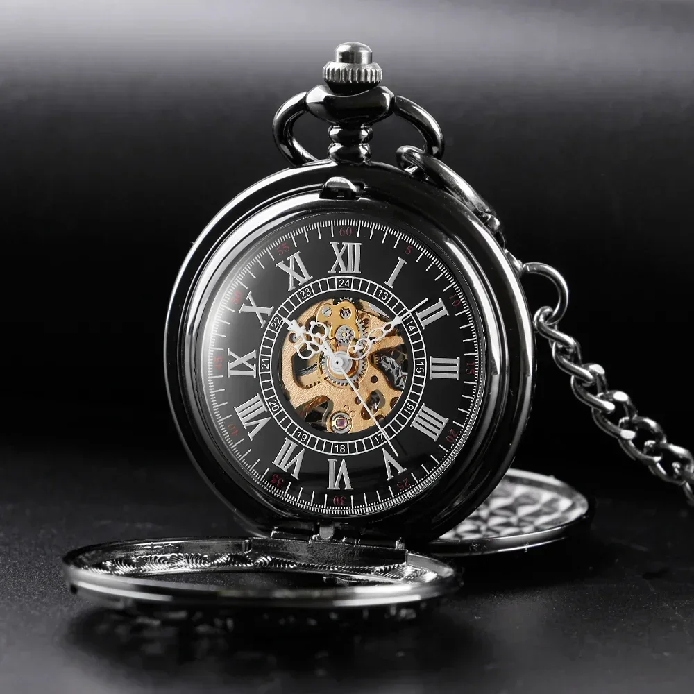 New Mechanical Hand Winding Pocket Watch Double Hunter Design Roman Numerals Pendant Pocket Chain Clock Birthday with Gift Box