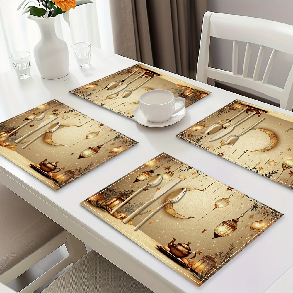 4PC Ramadan Lantern Moon Stars Placemats Rectangular Polyester Table Mats Dining Table Protectors Restaurant Decor Multiple Use view 2