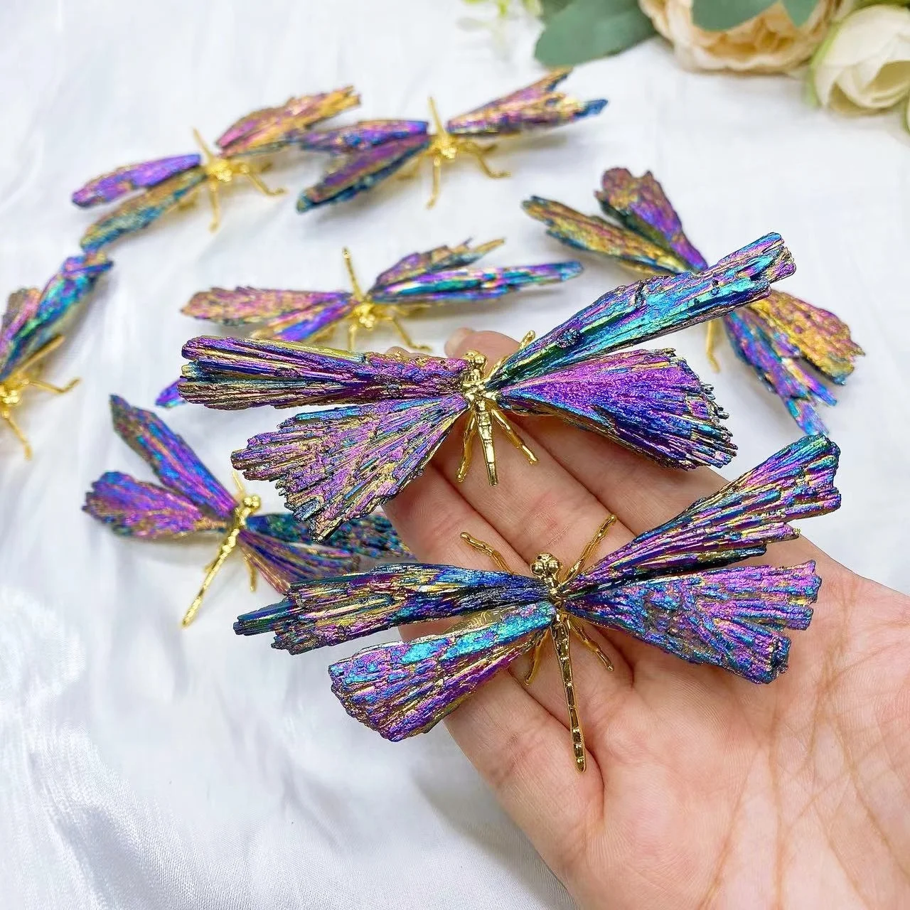 Natural Colorful Tourmaline Electroplanted Dragonfly Spar Crafts Reiki Healing Home Decoration Plating Crystal Butterfly