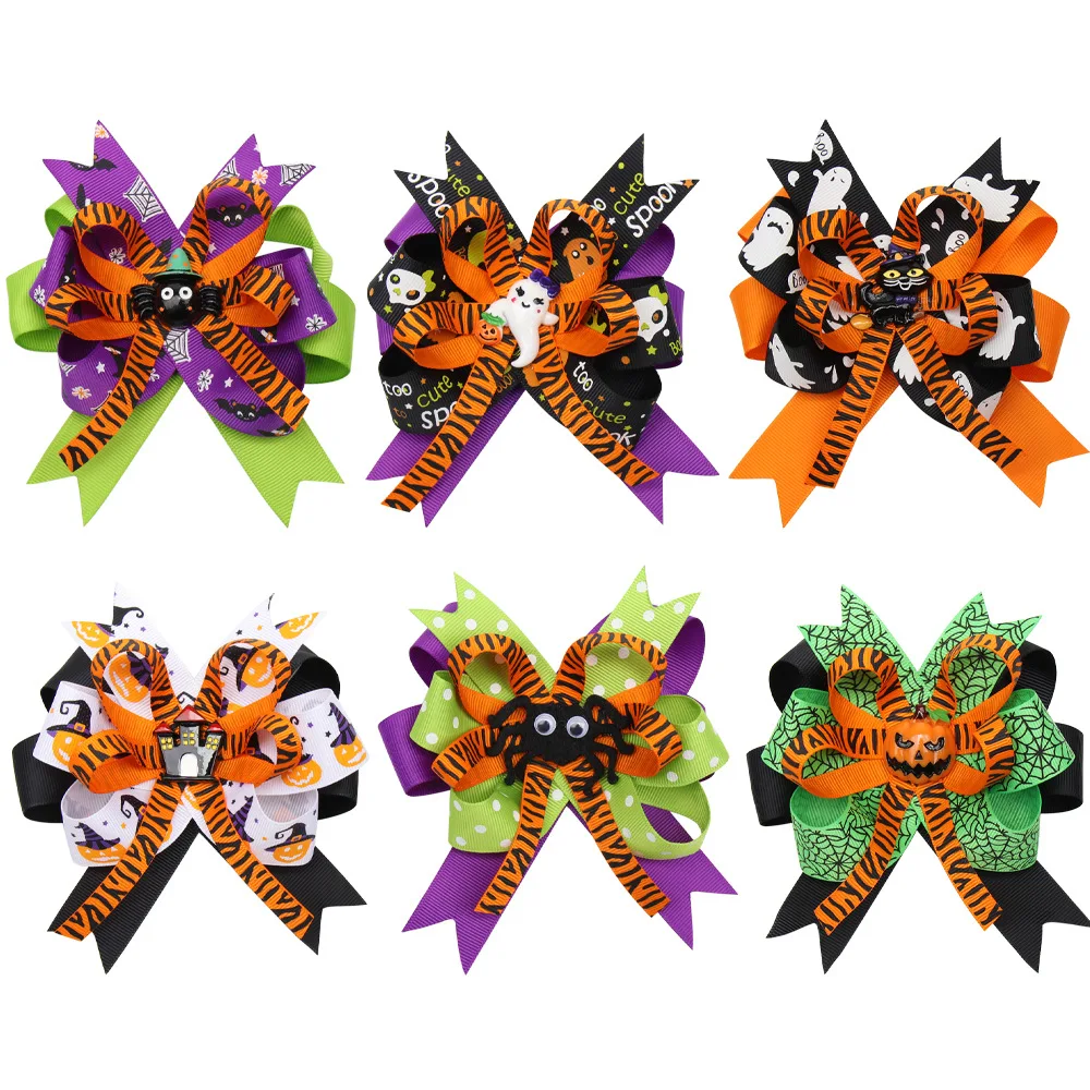 

10PCS Children's Halloween Hair Clips Pumpkin Ghost Bow Ribbon Hair Barrette Girls' Halloween Cartoon Costume Hair Accessories