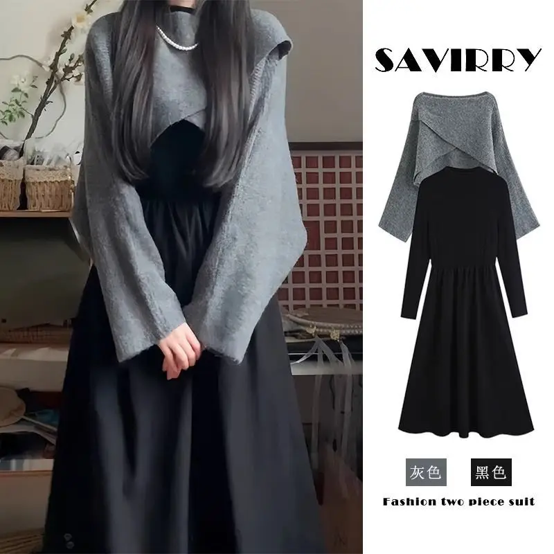 

Korea Dress Women Sets Solid Chic Vintage Midi Dresses Black Slim Simple Casual ShortTops Asymmetrical Trendy