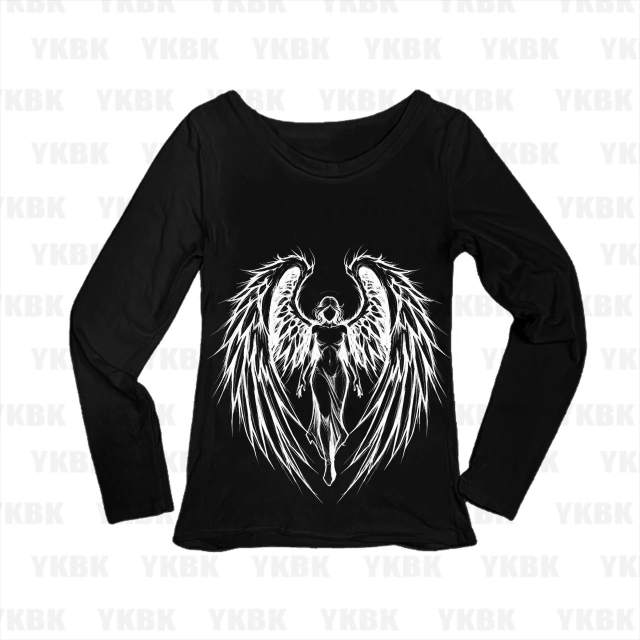 Goth Alt Women Sketch Fallen Angel Print Long Sleeve Tee Scoop Neck Slim Y2K Dark Aesthetic Edgy Fitted Casual Top