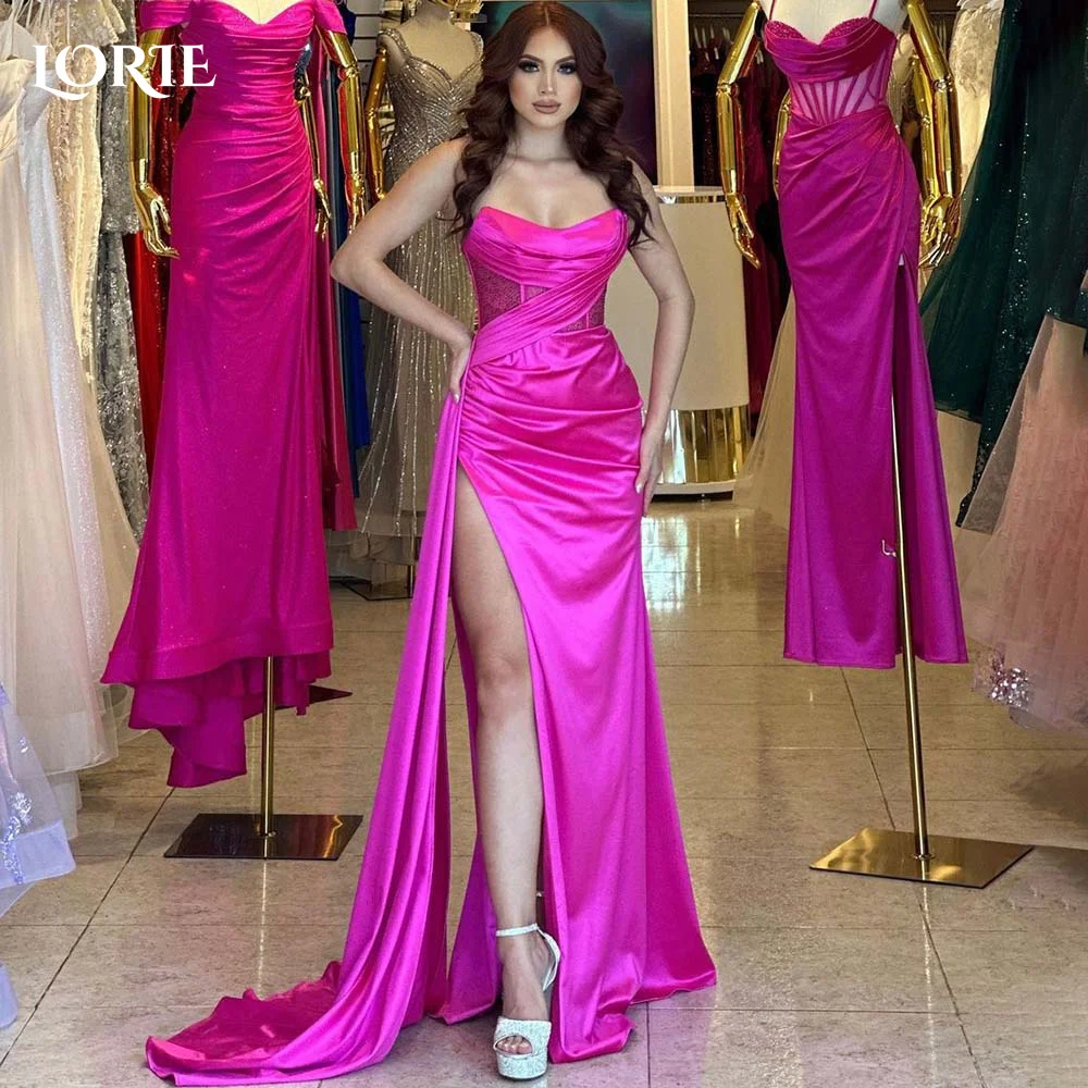 LORIE High Slit Evening Dresses  Mermaid Hot Pink Prom Dress Backless Women Clebrity Party Gown 2024Strapless Club Party Dresses